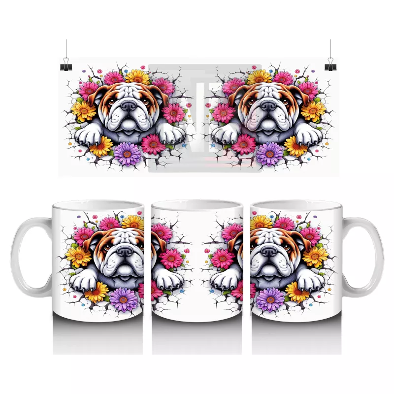 Çiçekli Taç Takmış Bulldog İllüstrasyonu – Baskılı Kahve Kupası
