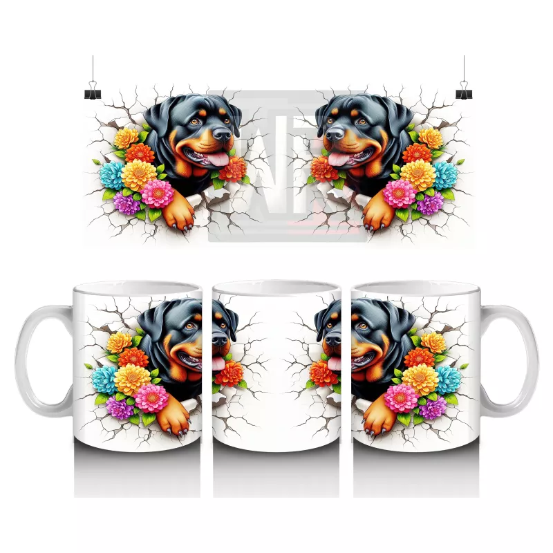 Çiçekli Taç Takmış Neşeli Rottweiler İllüstrasyonu – Baskılı Kahve Kupası