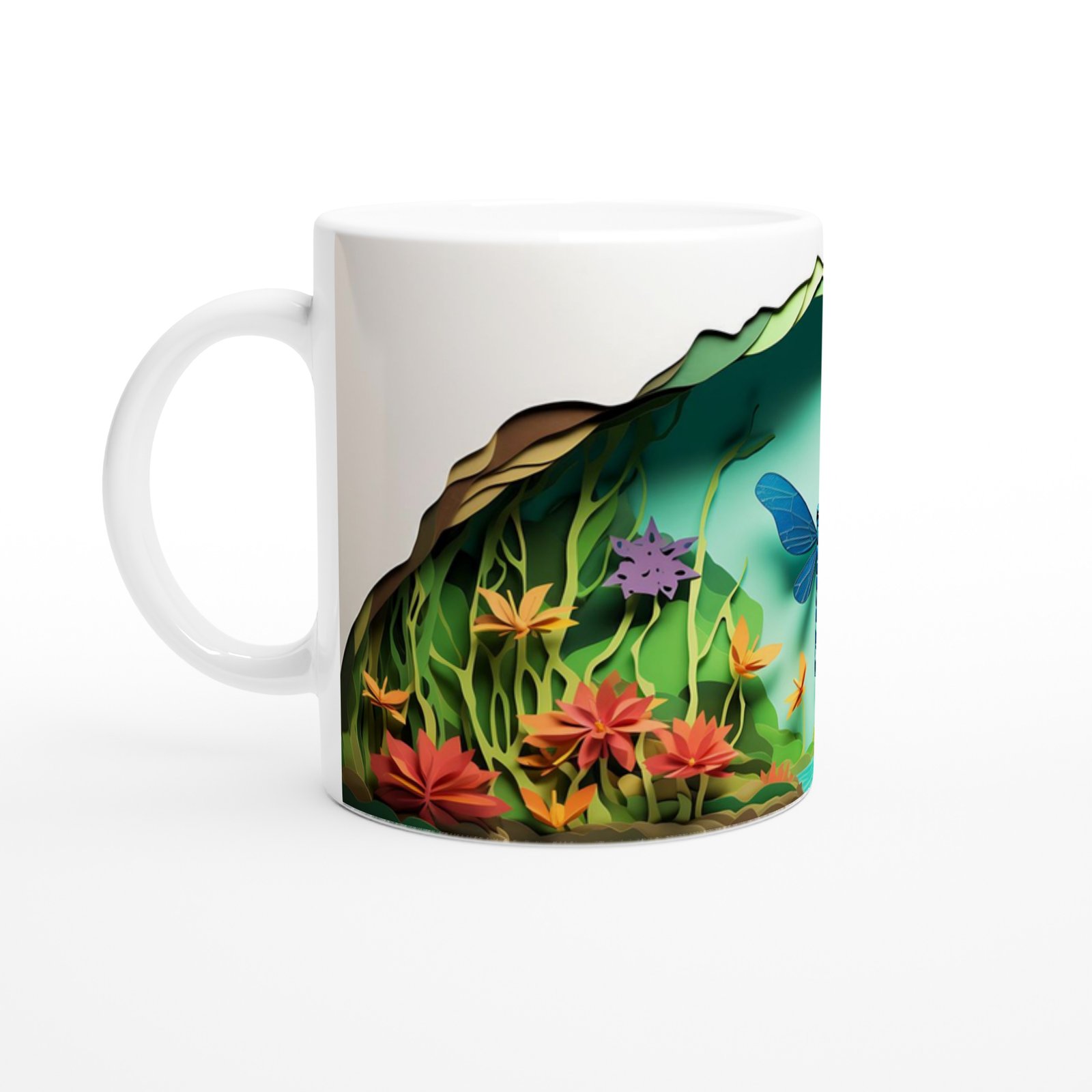 Çiçekli Vadi Üzerinde Uçan Mavi Yusufçuk Temalı Baskılı Kupa Bardak - 2