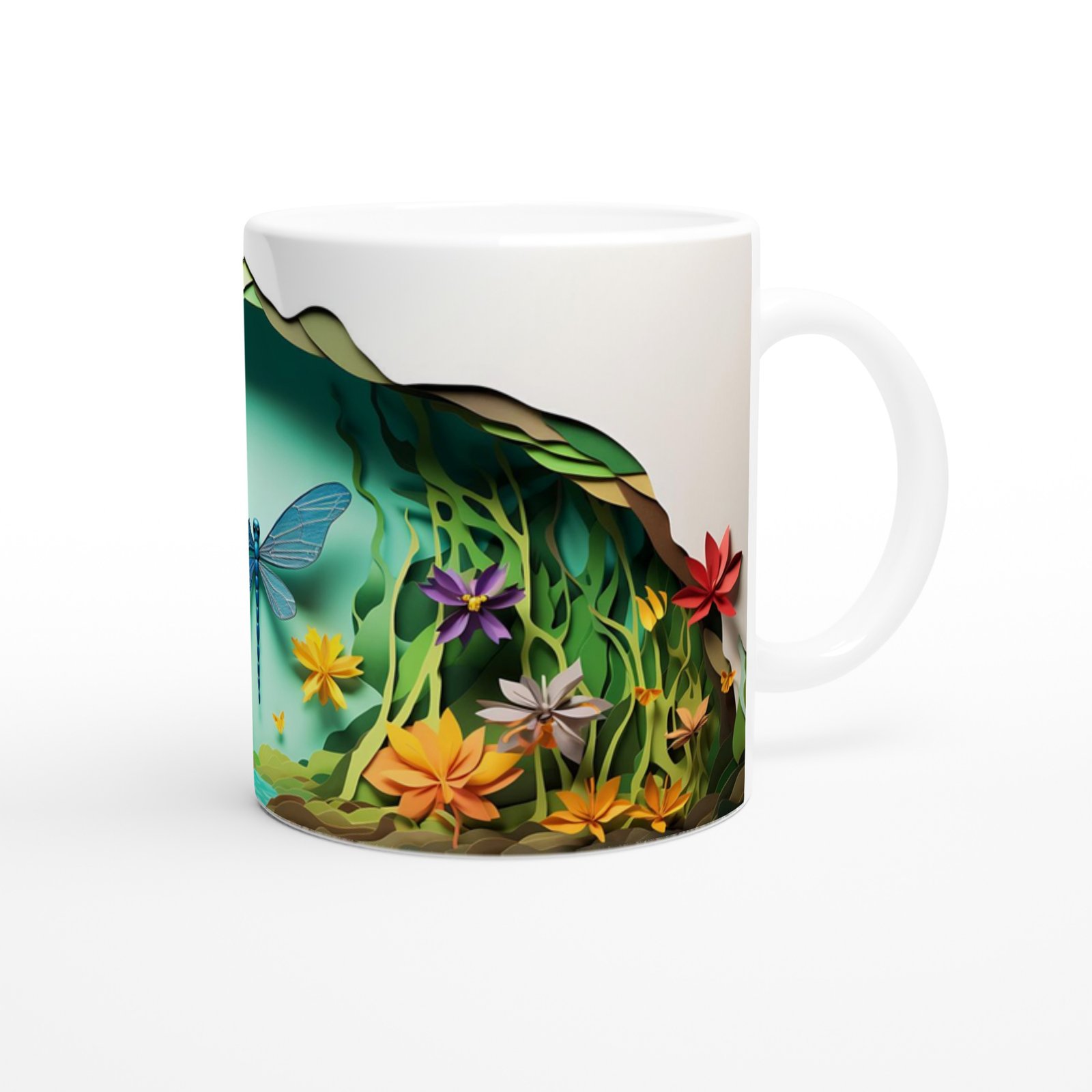 Çiçekli Vadi Üzerinde Uçan Mavi Yusufçuk Temalı Baskılı Kupa Bardak - 3