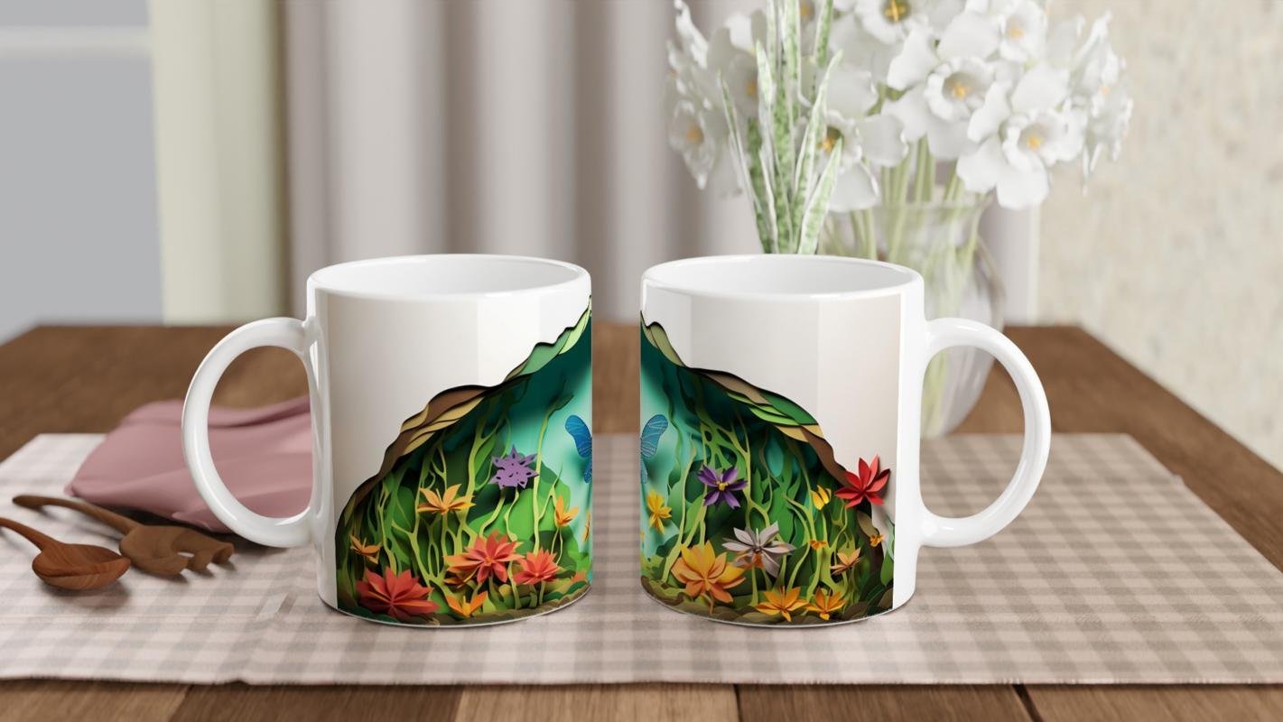 Çiçekli Vadi Üzerinde Uçan Mavi Yusufçuk Temalı Baskılı Kupa Bardak - 5