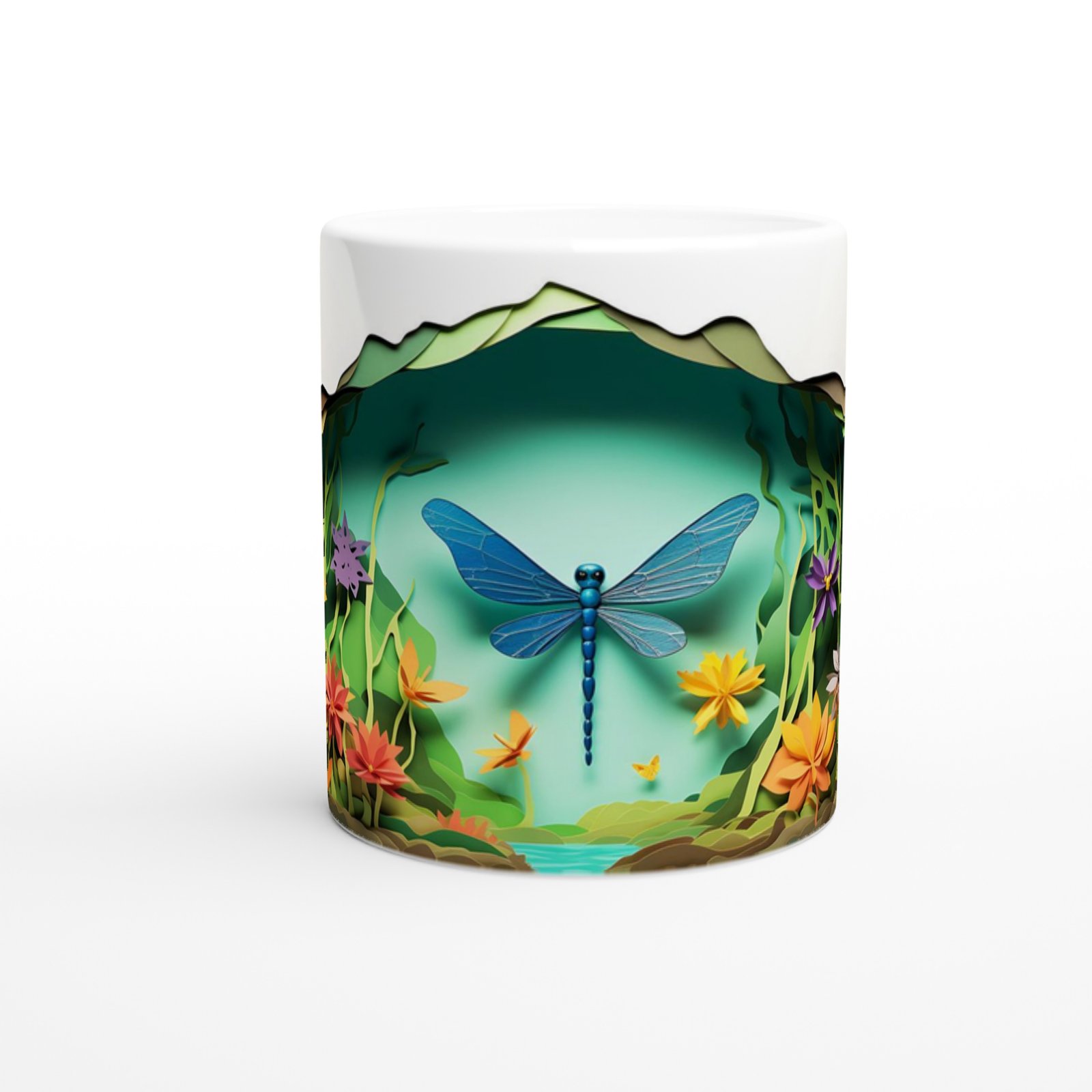 Çiçekli Vadi Üzerinde Uçan Mavi Yusufçuk Temalı Baskılı Kupa Bardak