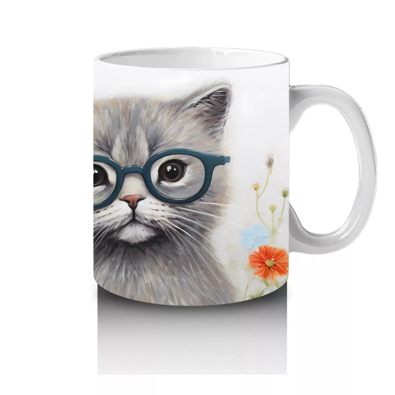 Çiçekli Zemin Üzerinde Gözlüklü Sevimli Kedi – Baskılı Kahve Kupası - 4
