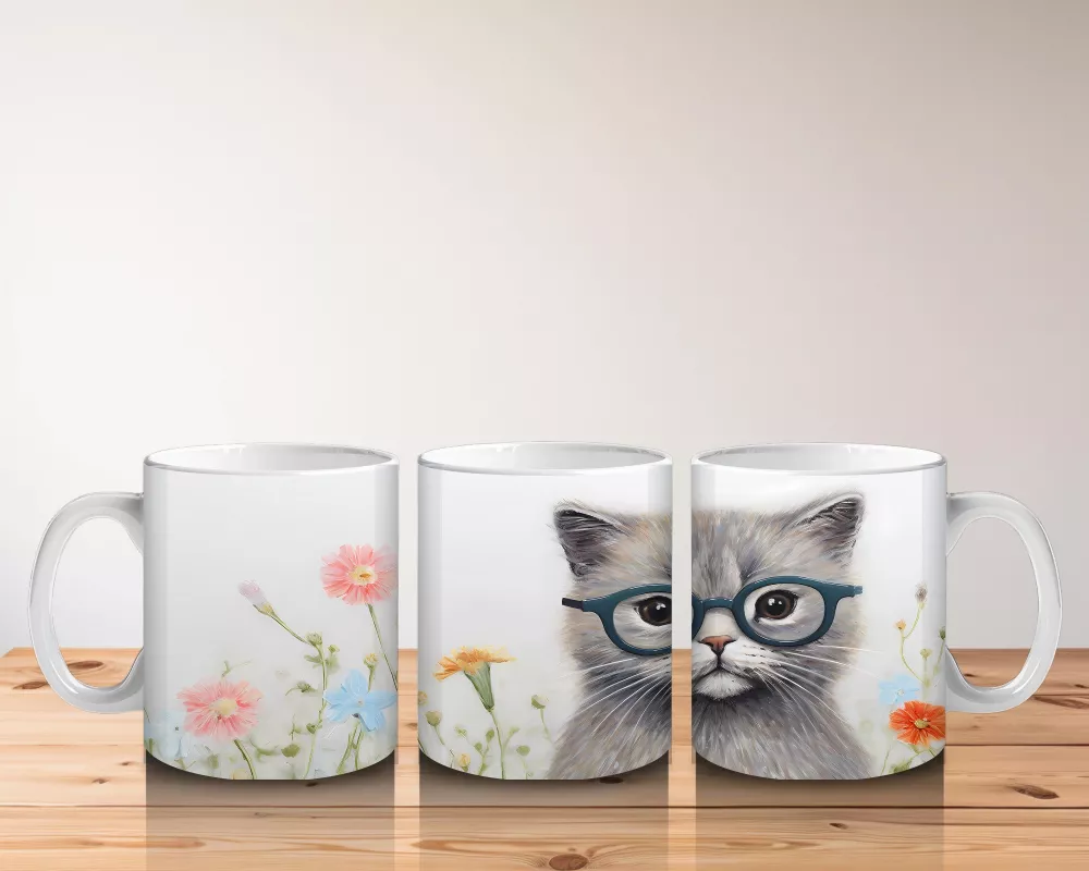 Çiçekli Zemin Üzerinde Gözlüklü Sevimli Kedi – Baskılı Kahve Kupası - 5