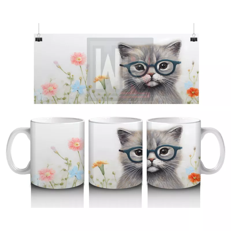 Çiçekli Zemin Üzerinde Gözlüklü Sevimli Kedi – Baskılı Kahve Kupası