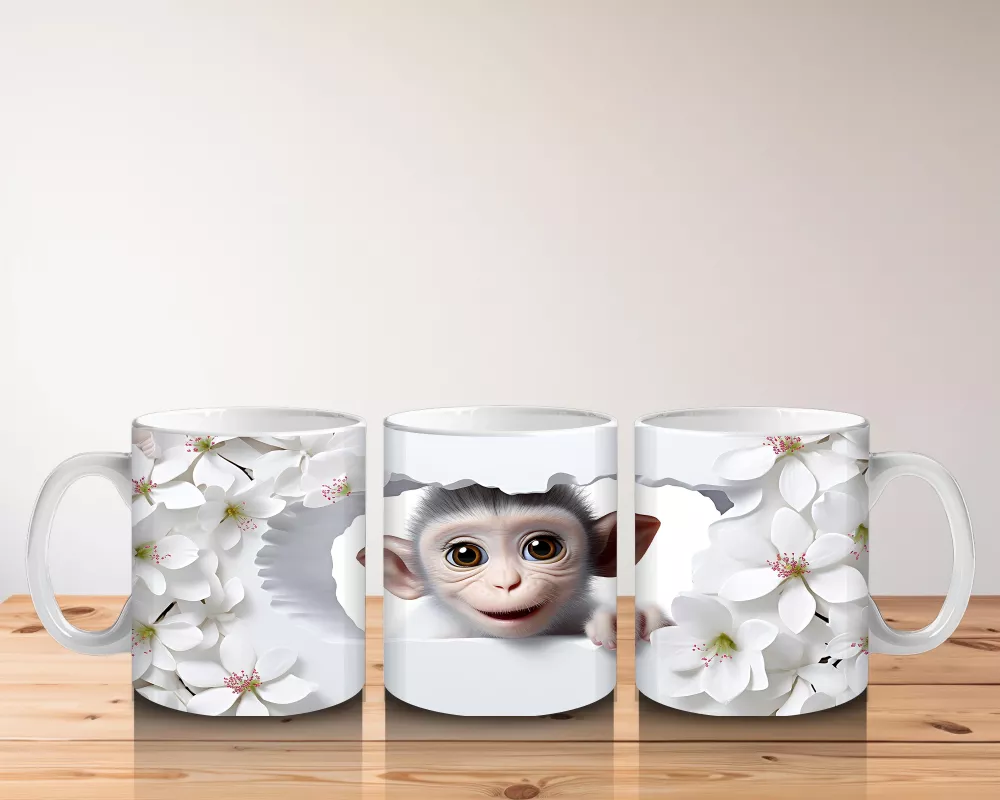 Çiçekli Zemin Üzerinde Sevimli Maymun – Baskılı Kahve Kupası - 5