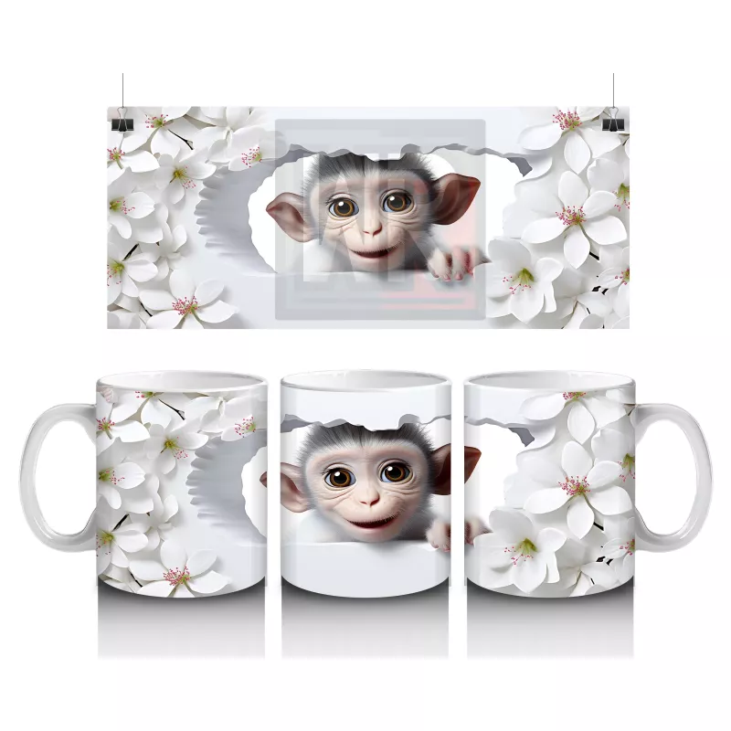 Çiçekli Zemin Üzerinde Sevimli Maymun – Baskılı Kahve Kupası