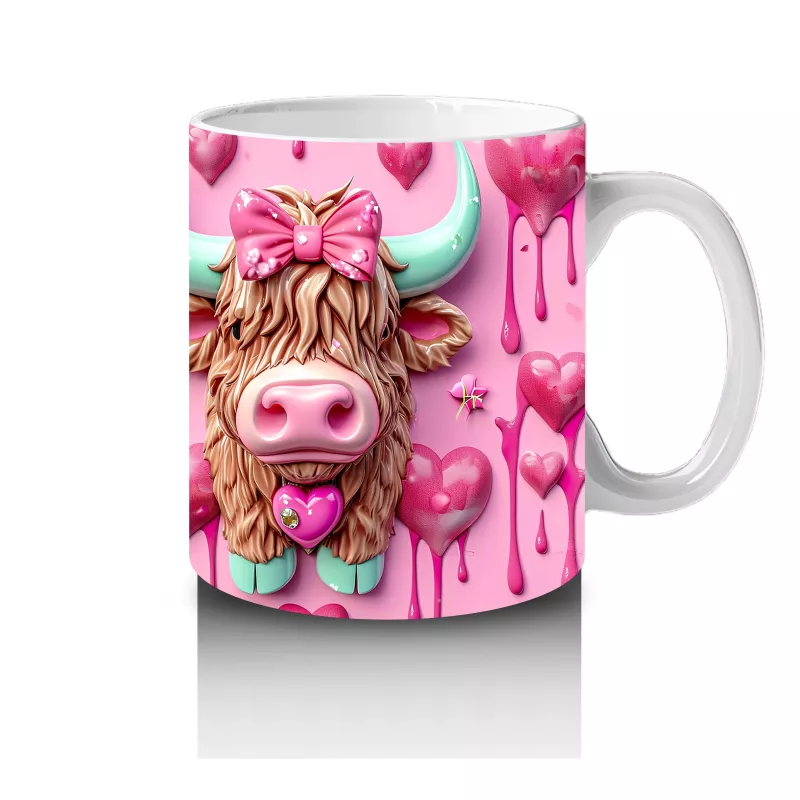 Çift Boynuzlu İnek Figürleri Kalplerle – Baskılı Kahve Kupası - 4