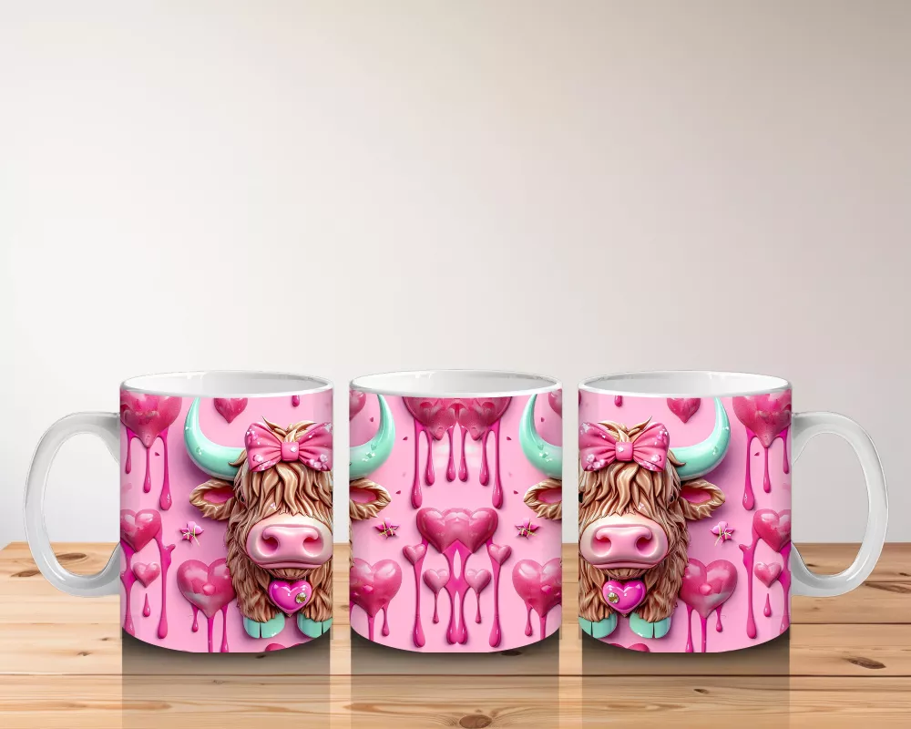 Çift Boynuzlu İnek Figürleri Kalplerle – Baskılı Kahve Kupası - 5