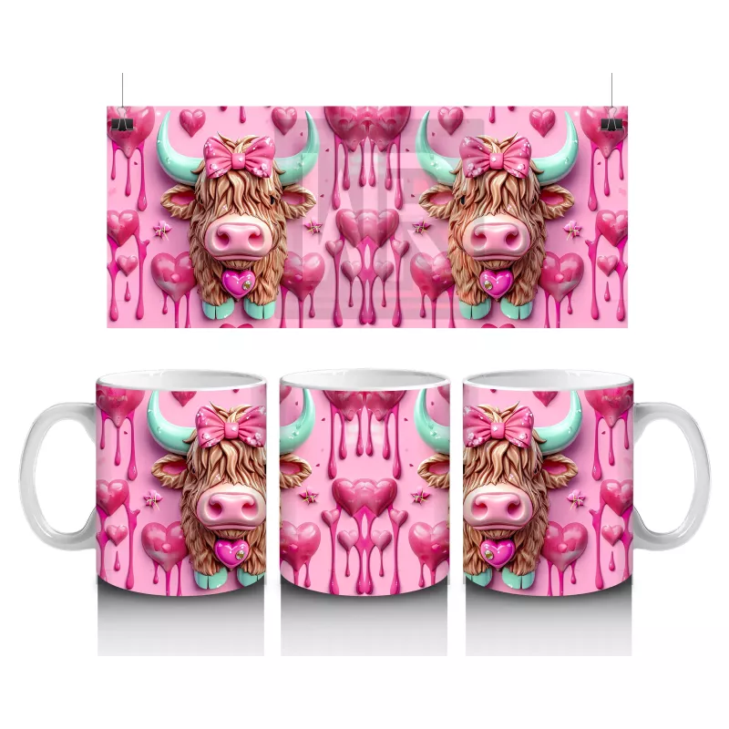 Çift Boynuzlu İnek Figürleri Kalplerle – Baskılı Kahve Kupası