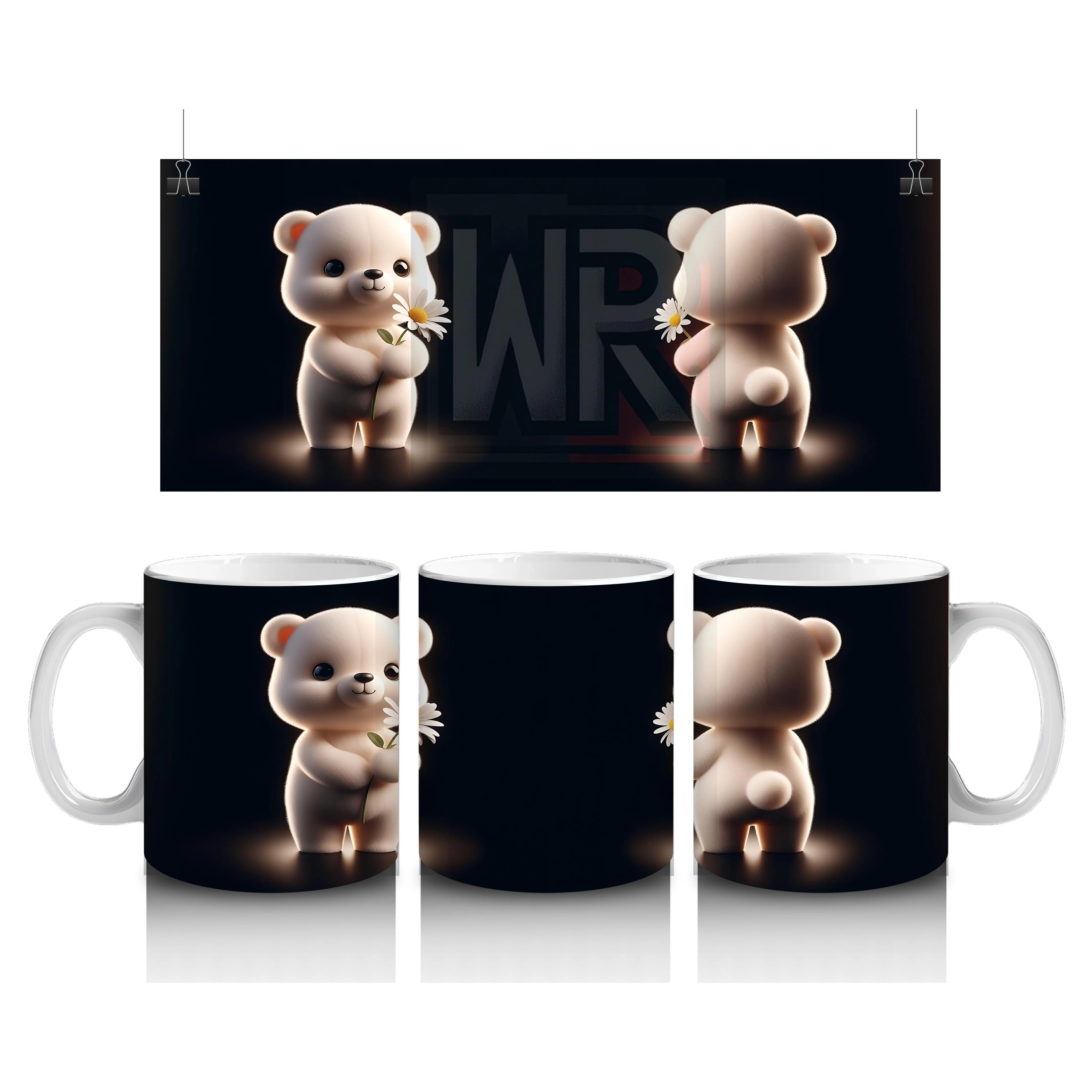 Çift Taraflı Papatyalı Minik Ayıcık Figürü - Baskılı kahve kupası