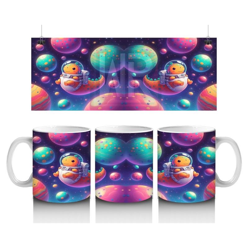 Çocuklara Sütü Sevdiren Astronot Dinozor ve Renkli Gezegenler Desenli Kupa Bardak