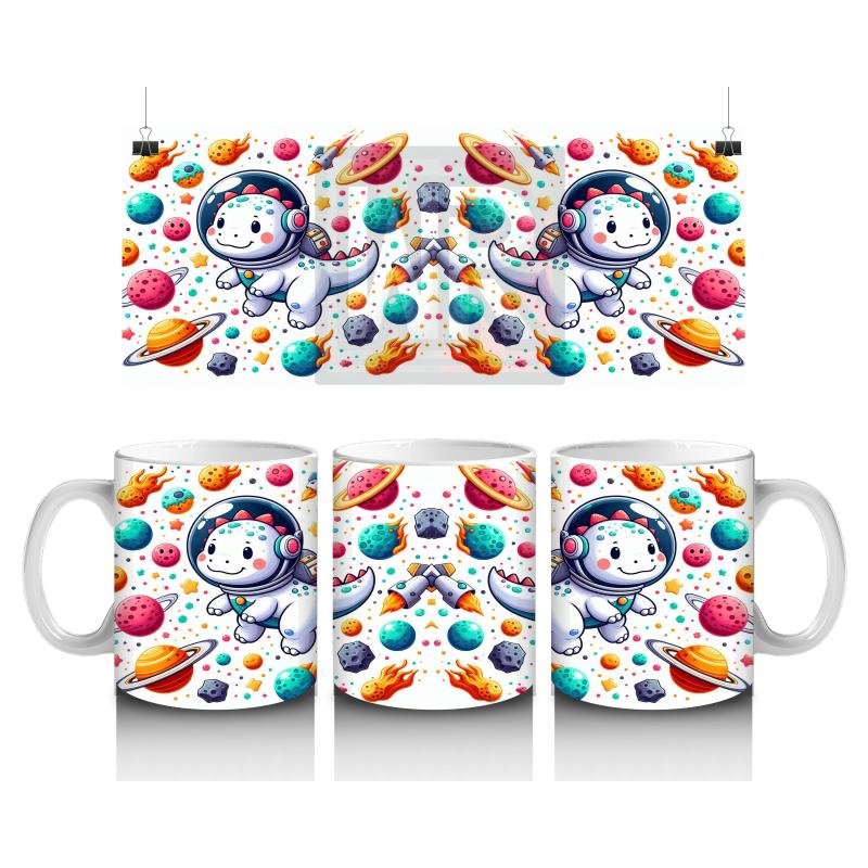 Çocuklara Sütü Sevdiren Astronot Kasklı Sevimli Dinozor Desenli Kupa Bardak