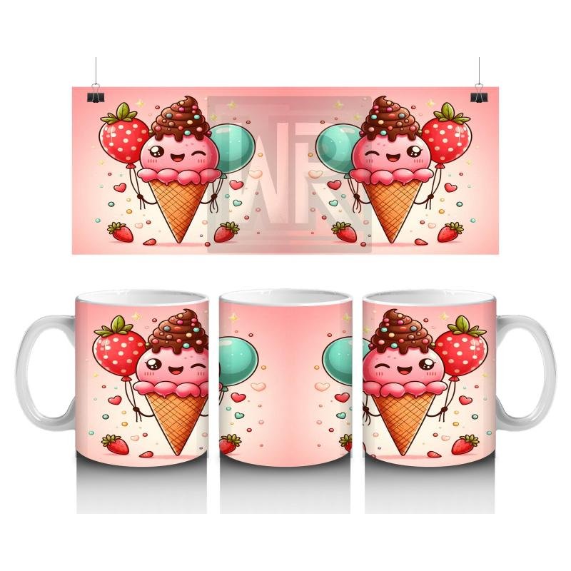 Çocuklara Sütü Sevdiren Balon Tutan Çilekli Dondurma Karakterli Kupa Bardak