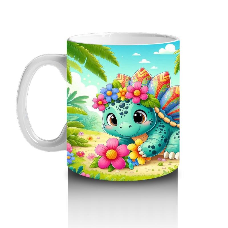 Çocuklara Sütü Sevdiren Çiçek Taçlı Sevimli Dinozor Desenli Kupa Bardak - 2