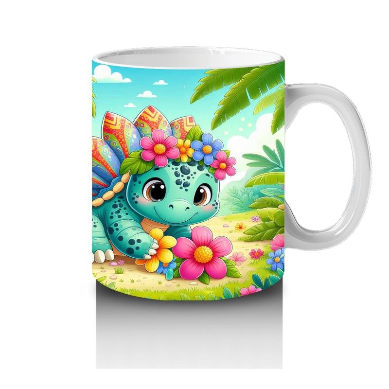 Çocuklara Sütü Sevdiren Çiçek Taçlı Sevimli Dinozor Desenli Kupa Bardak - 4