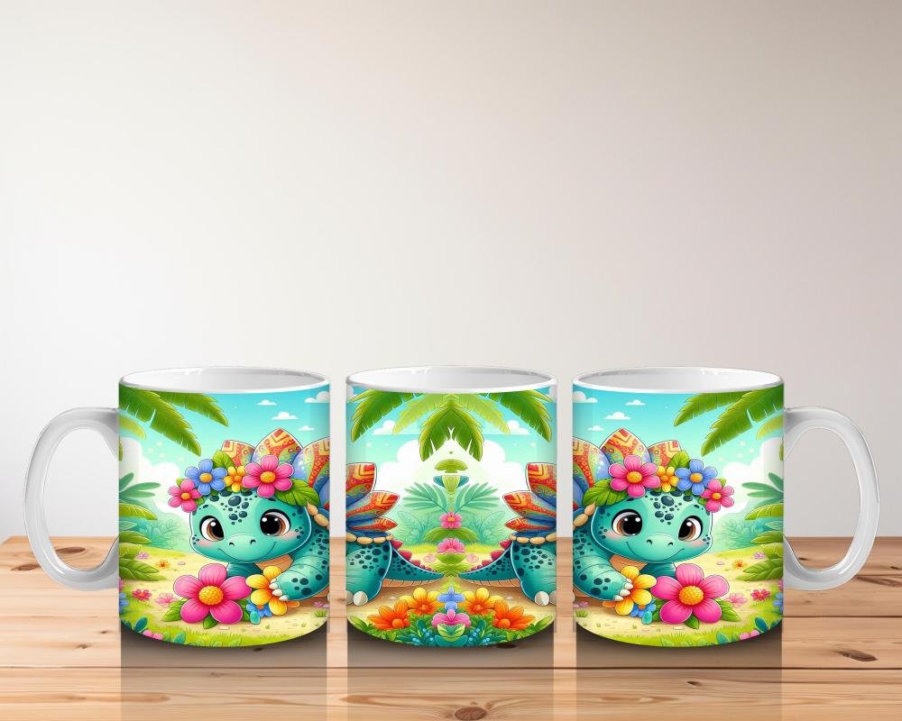 Çocuklara Sütü Sevdiren Çiçek Taçlı Sevimli Dinozor Desenli Kupa Bardak - 5