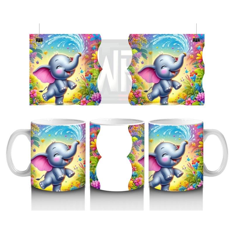 Çocuklara Sütü Sevdiren Çiçekler Arasında Su Sıçratan Neşeli Fil Desenli Kupa Bardak