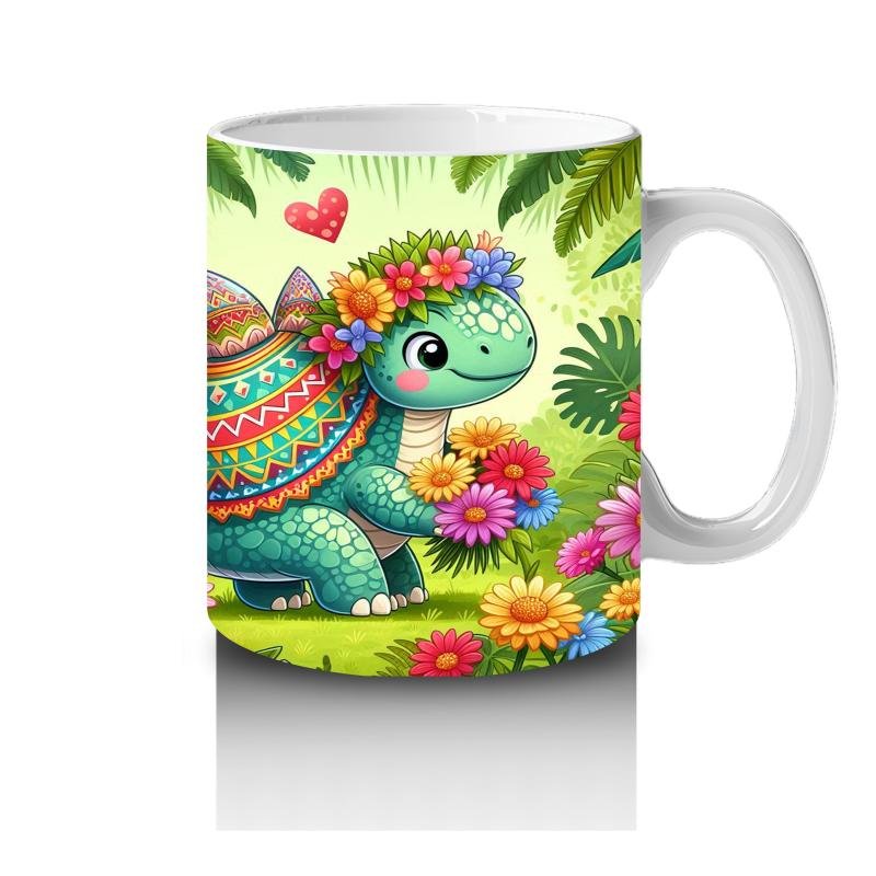 Çocuklara Sütü Sevdiren Çiçekli Kalpli Sevimli Dinozor Desenli Kupa Bardak - 4