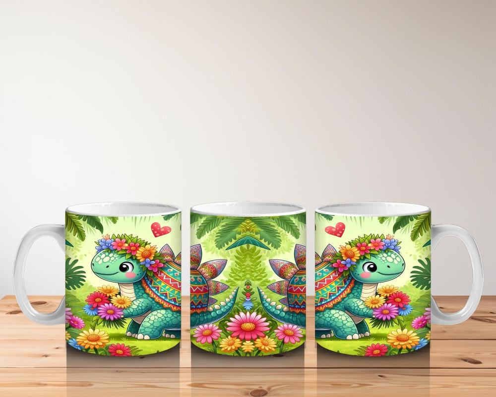 Çocuklara Sütü Sevdiren Çiçekli Kalpli Sevimli Dinozor Desenli Kupa Bardak - 5