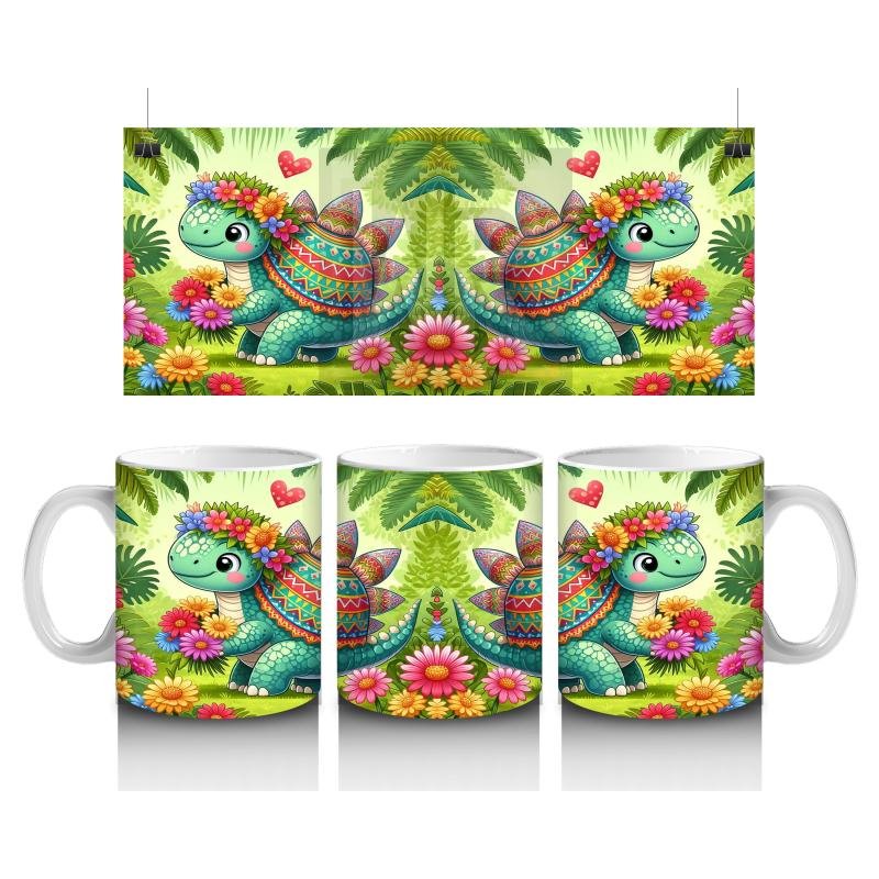 Çocuklara Sütü Sevdiren Çiçekli Kalpli Sevimli Dinozor Desenli Kupa Bardak