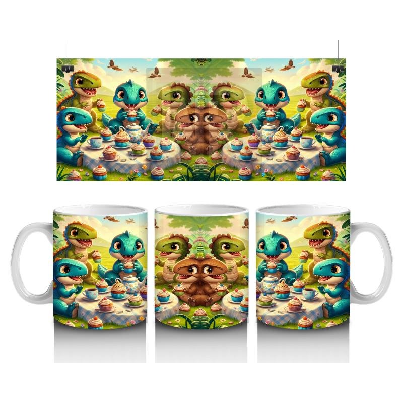 Çocuklara Sütü Sevdiren Cupcake Partisi Yapan Sevimli Dinozorlar Desenli Kupa Bardak