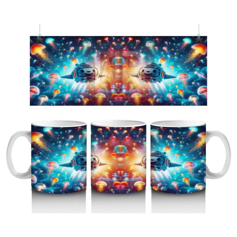 Çocuklara Sütü Sevdiren Denizaltı Roketleri ve Işık Saçan Denizanası Ormanı Desenli Kupa Bardak