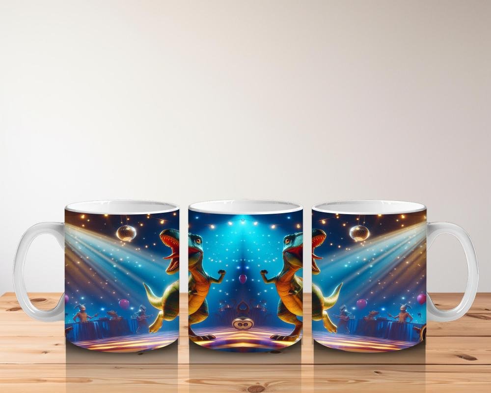 Çocuklara Sütü Sevdiren Disko Topu Altında Dans Eden Dinozor Desenli Kupa Bardak - 5