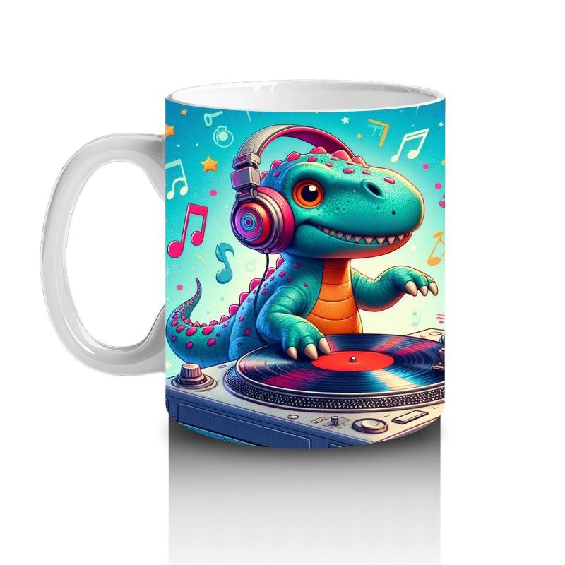 Çocuklara Sütü Sevdiren DJ Dinozor ve Müzik Dolu Parti Desenli Kupa Bardak - 2