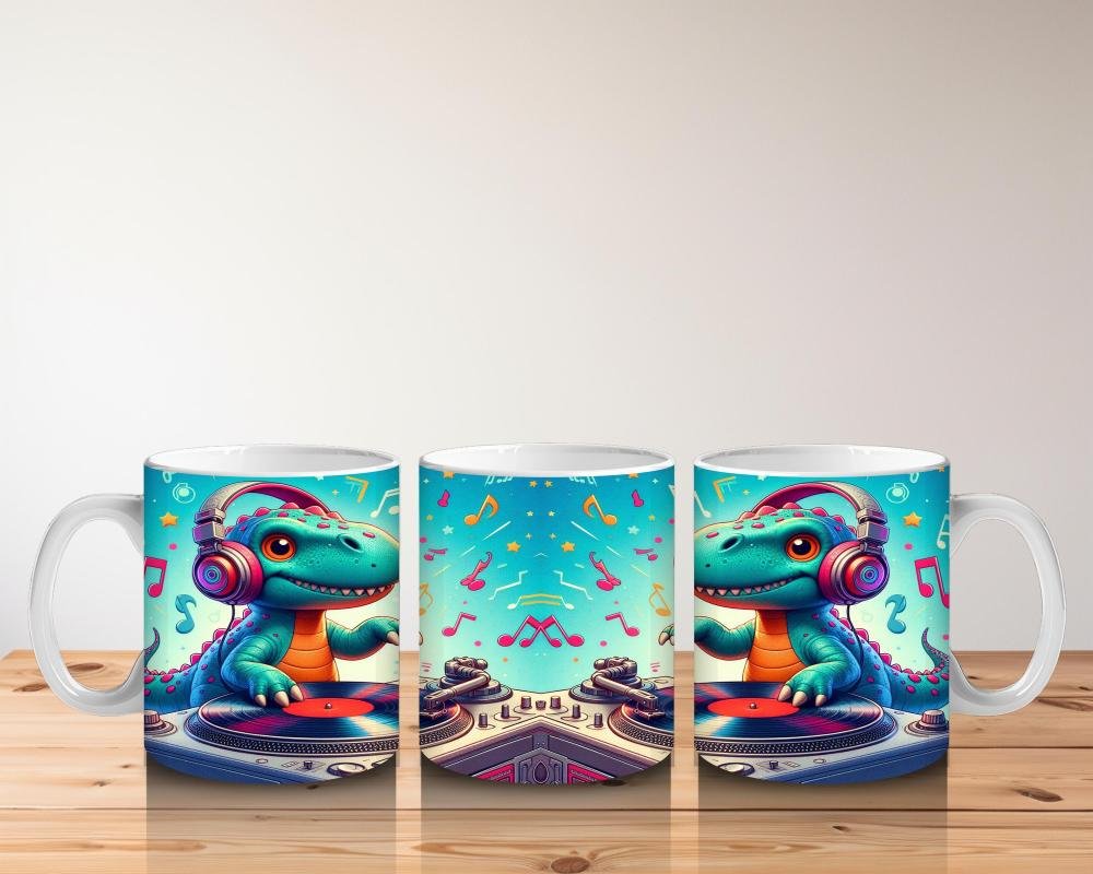 Çocuklara Sütü Sevdiren DJ Dinozor ve Müzik Dolu Parti Desenli Kupa Bardak - 5