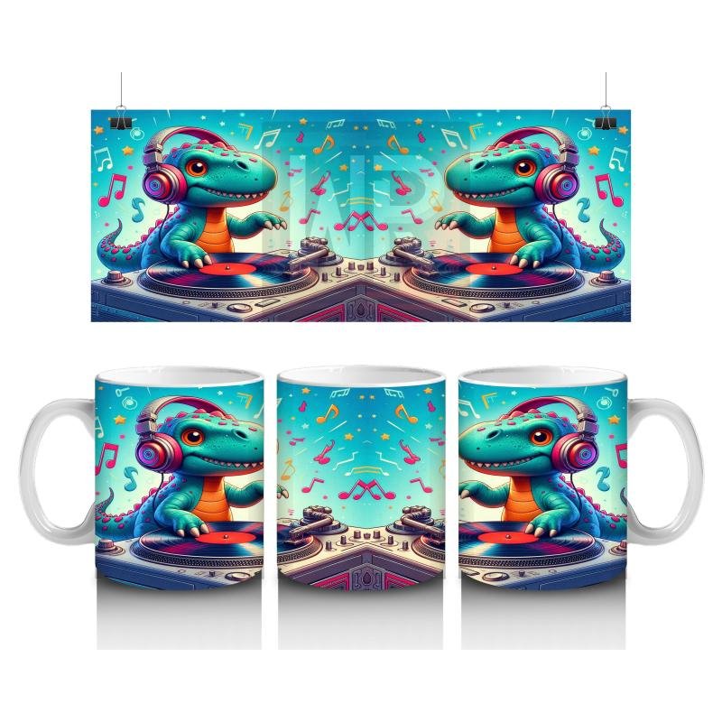 Çocuklara Sütü Sevdiren DJ Dinozor ve Müzik Dolu Parti Desenli Kupa Bardak