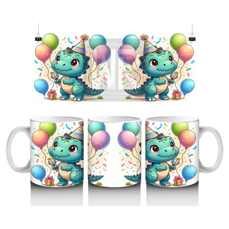 Çocuklara Sütü Sevdiren Doğum Günü Şapkalı Balonlu Dinozor Desenli Kupa Bardak