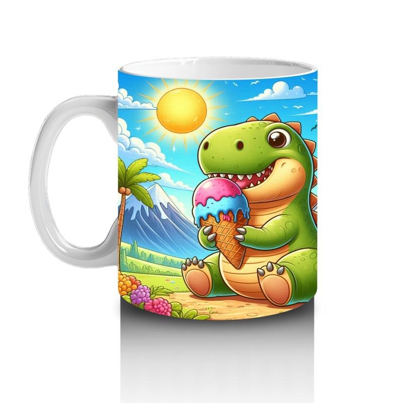 Çocuklara Sütü Sevdiren Dondurma Yiyen Sevimli Dinozor Desenli Kupa Bardak - 2