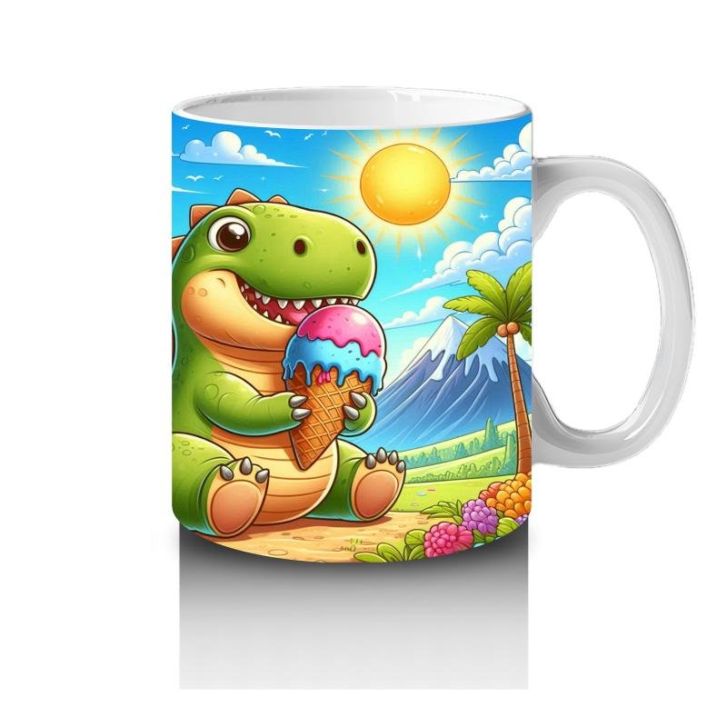 Çocuklara Sütü Sevdiren Dondurma Yiyen Sevimli Dinozor Desenli Kupa Bardak - 4