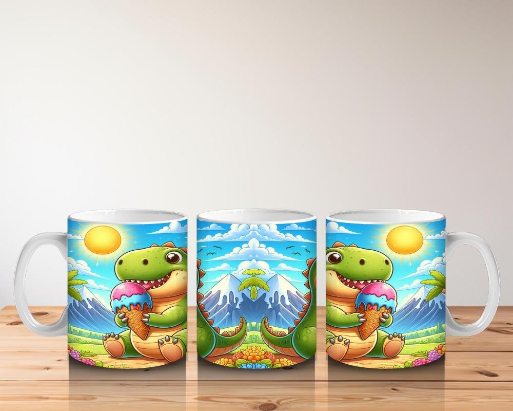 Çocuklara Sütü Sevdiren Dondurma Yiyen Sevimli Dinozor Desenli Kupa Bardak - 5