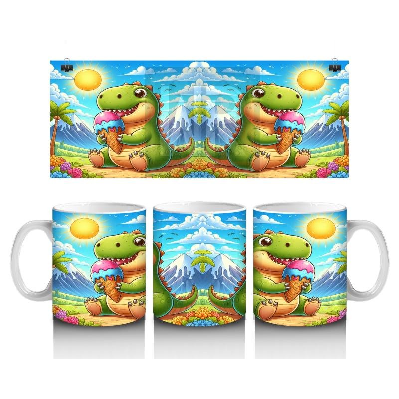 Çocuklara Sütü Sevdiren Dondurma Yiyen Sevimli Dinozor Desenli Kupa Bardak