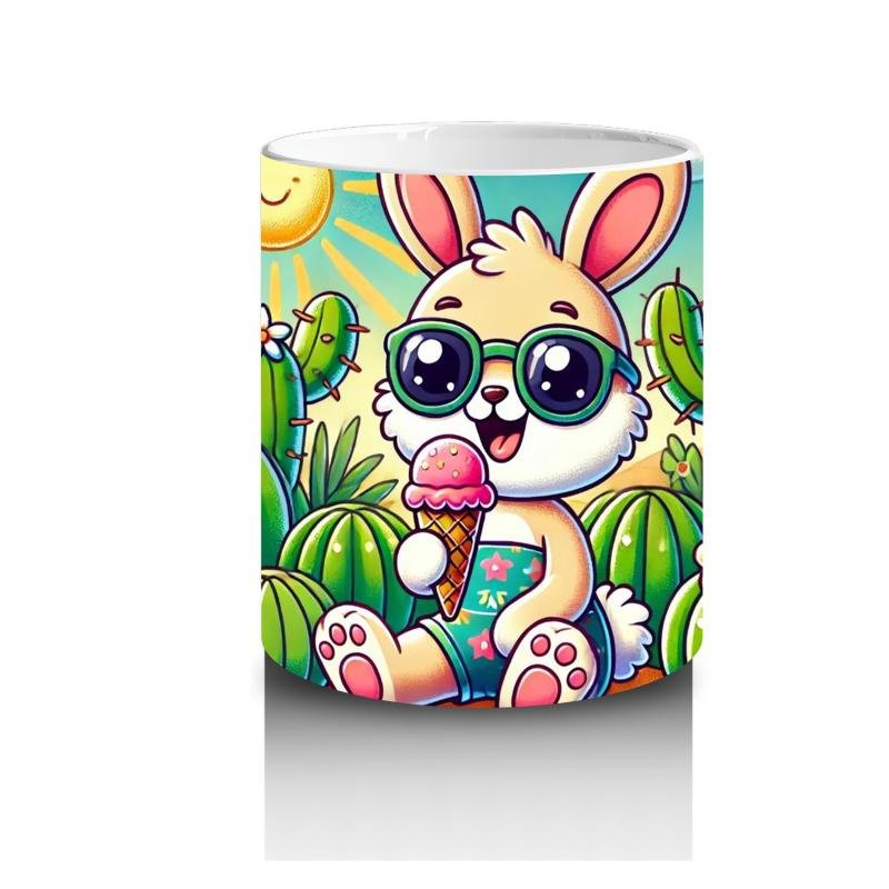 Çocuklara Sütü Sevdiren Dondurma Yiyen Sevimli Tavşan Desenli Kupa Bardak - 3