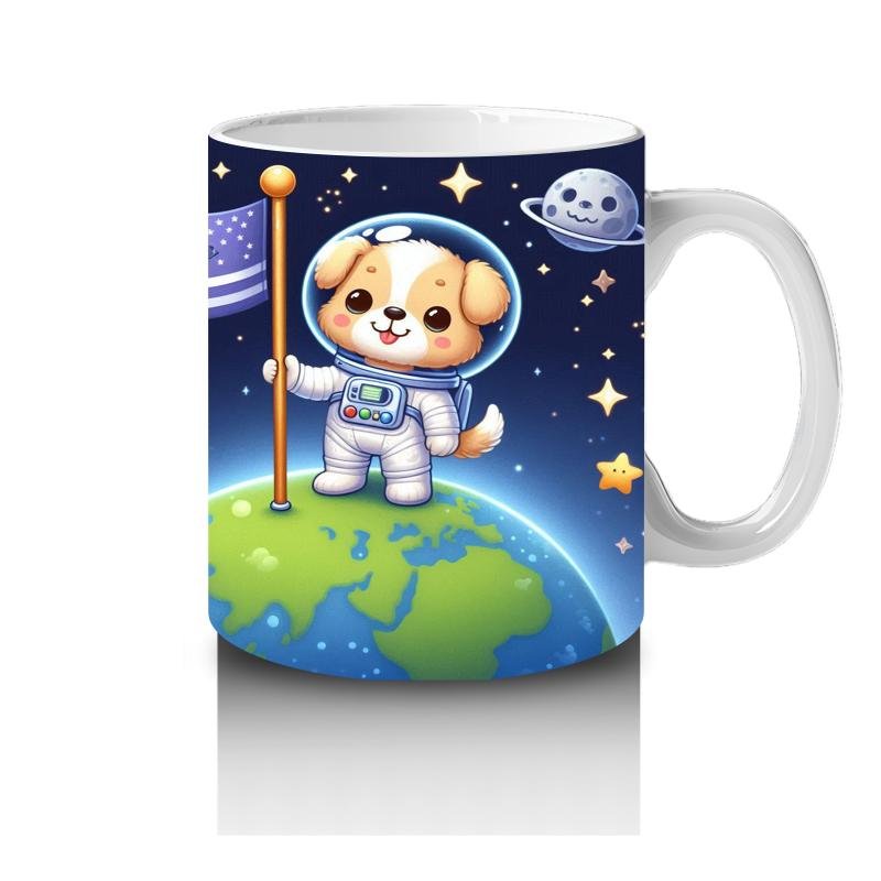 Çocuklara Sütü Sevdiren Dünyaya Bayrak Diken Astronot Köpek Desenli Kupa Bardak - 4