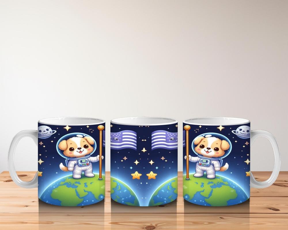 Çocuklara Sütü Sevdiren Dünyaya Bayrak Diken Astronot Köpek Desenli Kupa Bardak - 5