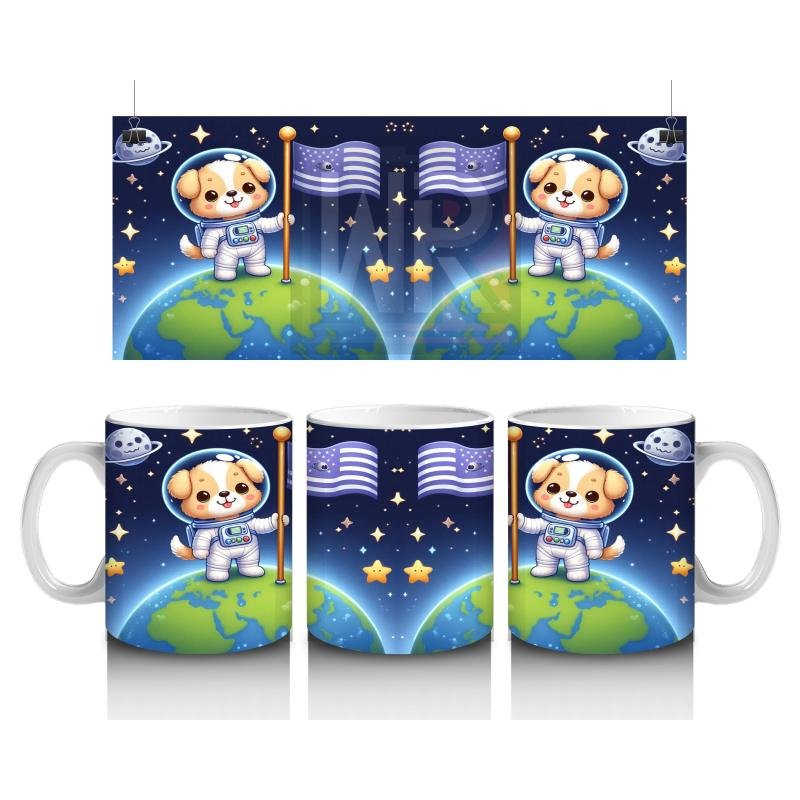Çocuklara Sütü Sevdiren Dünyaya Bayrak Diken Astronot Köpek Desenli Kupa Bardak