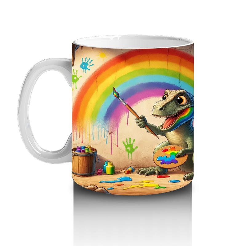 Çocuklara Sütü Sevdiren Duvara Gökkuşağı Çizen Sevimli Dinozor Desenli Kupa Bardak - 2