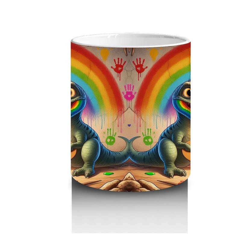 Çocuklara Sütü Sevdiren Duvara Gökkuşağı Çizen Sevimli Dinozor Desenli Kupa Bardak - 3