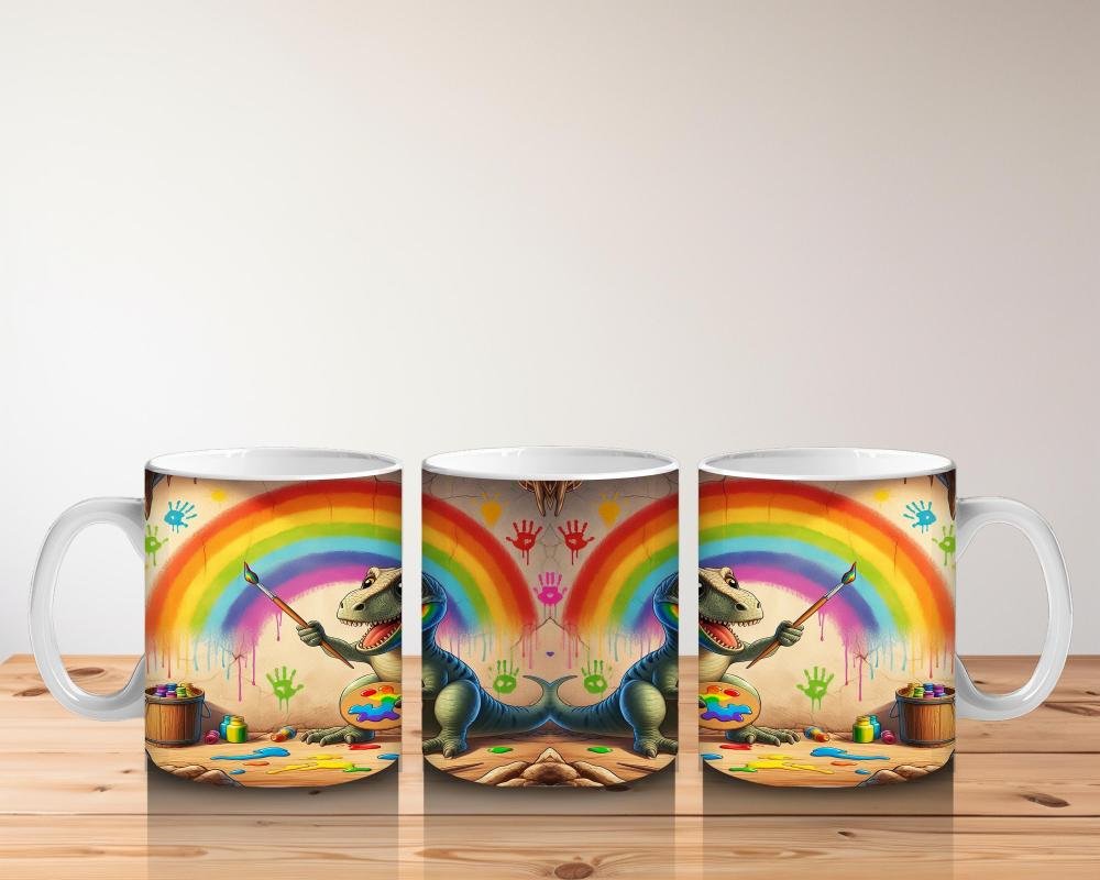 Çocuklara Sütü Sevdiren Duvara Gökkuşağı Çizen Sevimli Dinozor Desenli Kupa Bardak - 5