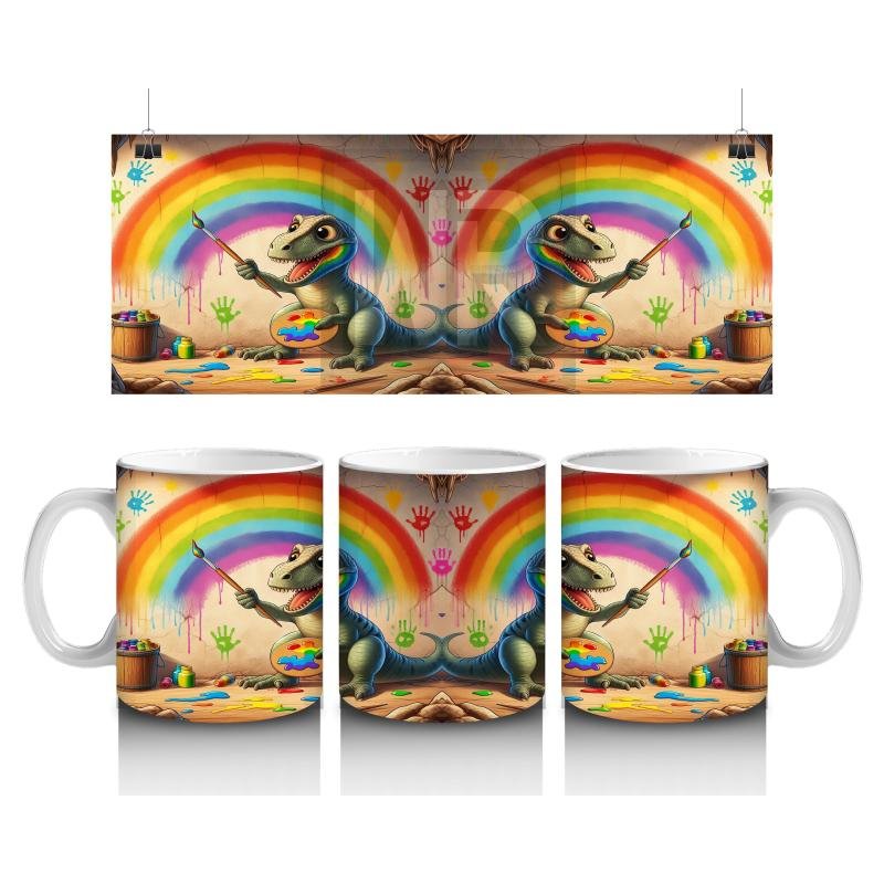 Çocuklara Sütü Sevdiren Duvara Gökkuşağı Çizen Sevimli Dinozor Desenli Kupa Bardak