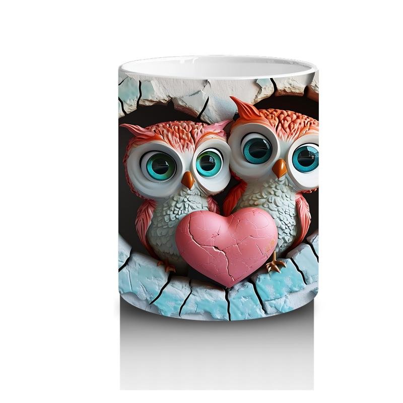 Çocuklara Sütü Sevdiren Duvarı Delip Bakan Kalp Baykuş Çifti Kupa Bardak - 3