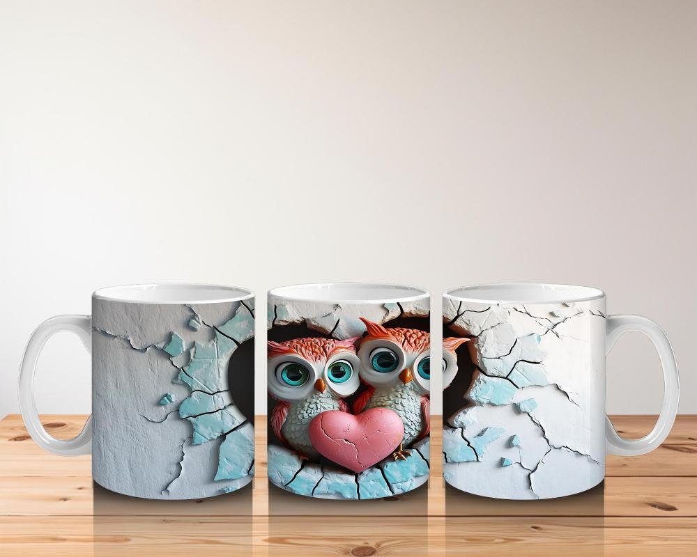 Çocuklara Sütü Sevdiren Duvarı Delip Bakan Kalp Baykuş Çifti Kupa Bardak - 5