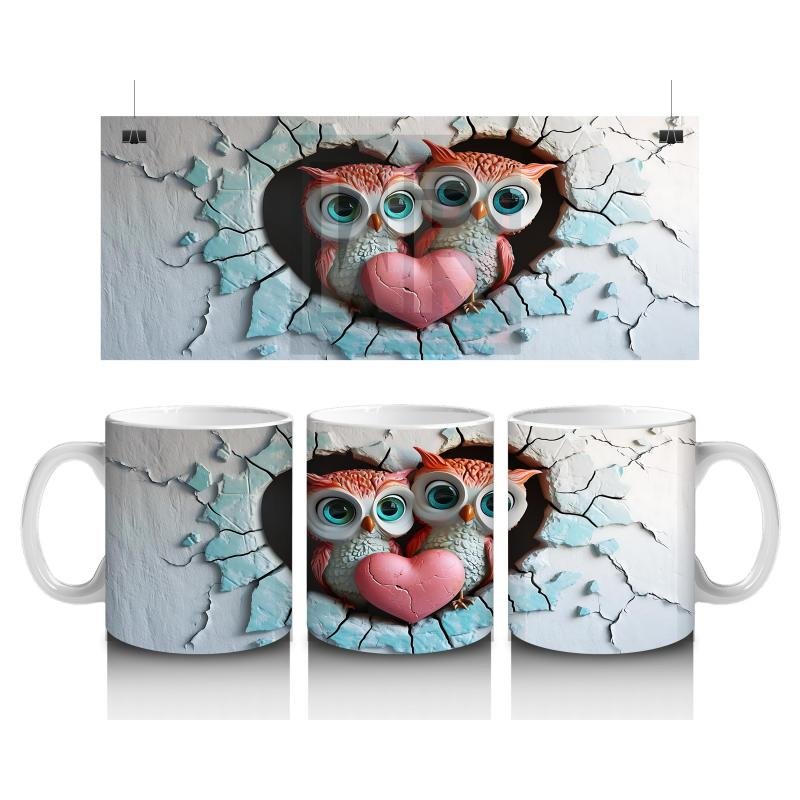 Çocuklara Sütü Sevdiren Duvarı Delip Bakan Kalp Baykuş Çifti Kupa Bardak