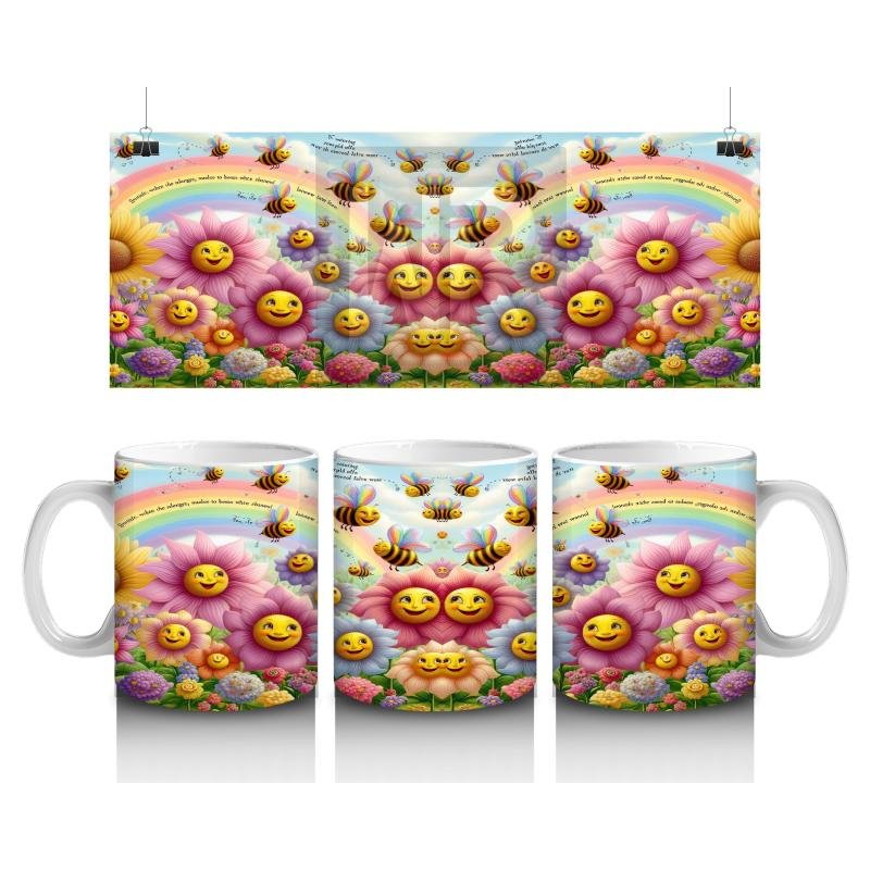 Çocuklara Sütü Sevdiren Gökkuşağı Altında Gülümseyen Çiçekler ve Uçuşan Arılar Desenli Kupa Bardak