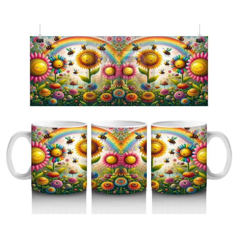 Çocuklara Sütü Sevdiren Gökkuşağı Altında Neşeli Çiçekler ve Arılar Desenli Kupa Bardak