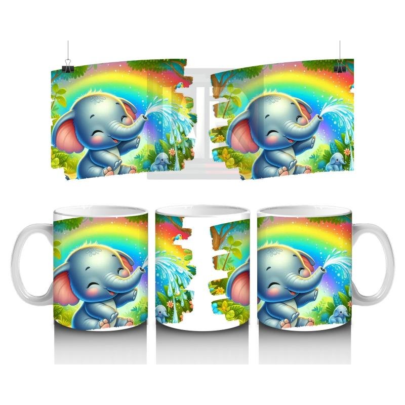 Çocuklara Sütü Sevdiren Gökkuşağı Altında Su Fışkırtan Sevimli Fil Desenli Kupa Bardak